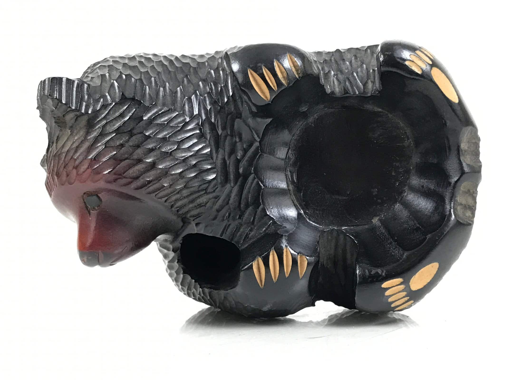 Japanese Wooden Carved Ainu Bear Candle Holder Vtg Incense Hokkaido Brown AB124