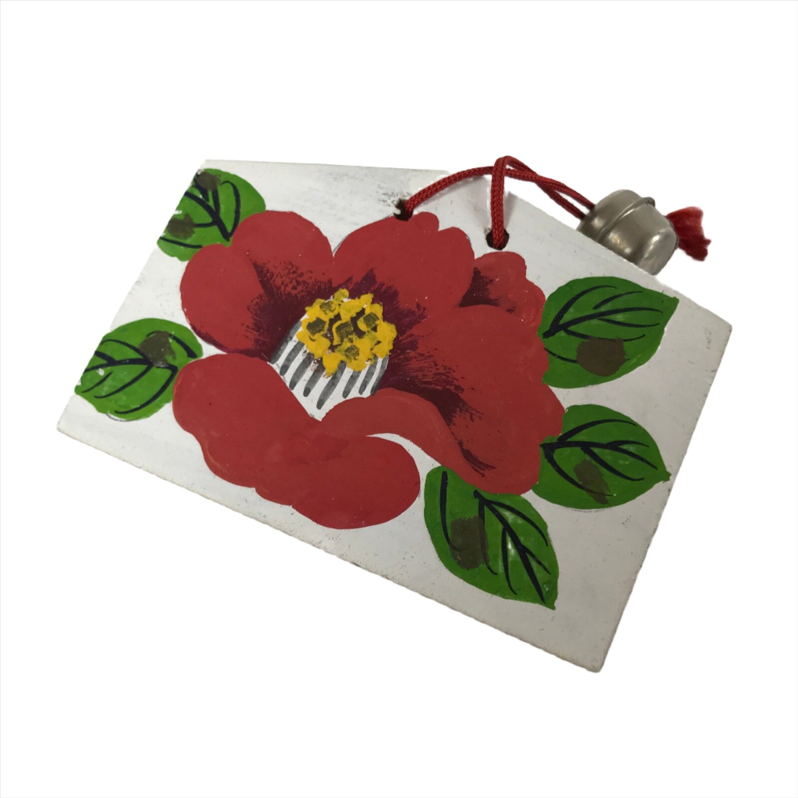 Japanese Wooden Charm Plaque Ema Vtg Camellia Flower Kamakura Bell Color EM86