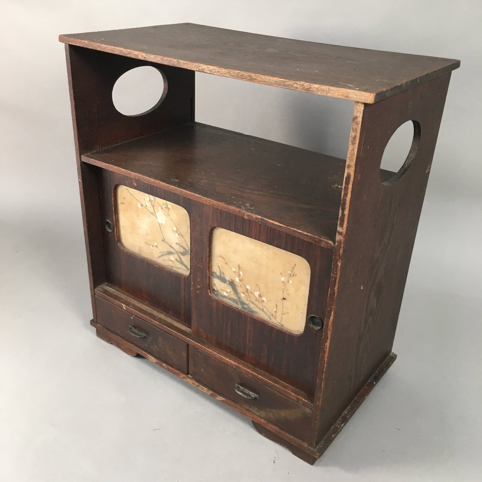 Japanese Wooden Chest Vtg Tansu 2 Drawer Sliding Door Brown Cherry Blossom T226