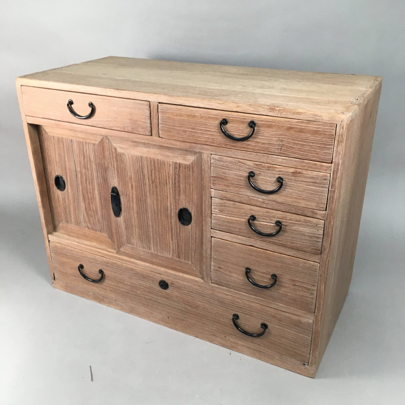 Japanese Wooden Chest Vtg Tansu 6 Drawer Sliding Door Brown T225