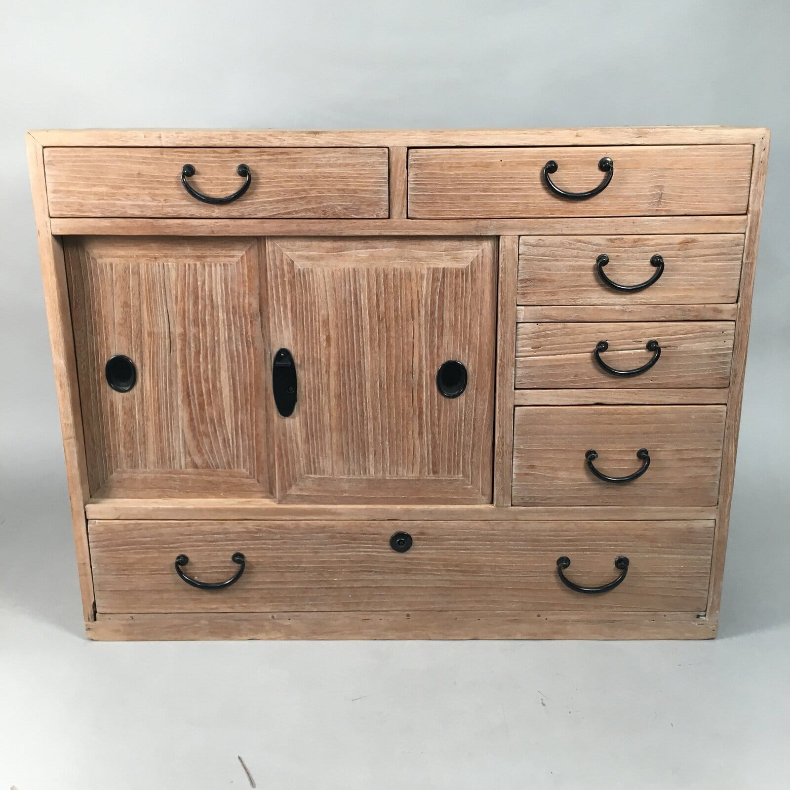 Japanese Wooden Chest Vtg Tansu 6 Drawer Sliding Door Brown T225