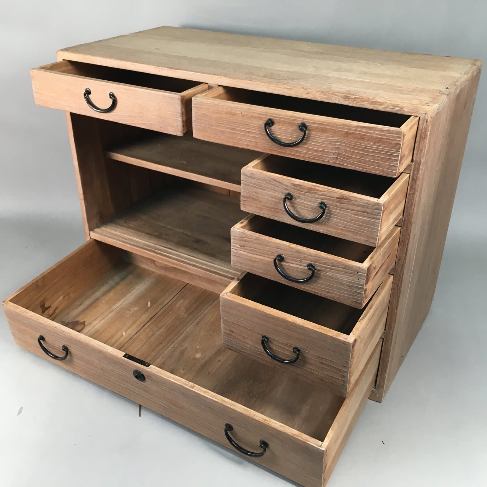 Japanese Wooden Chest Vtg Tansu 6 Drawer Sliding Door Brown T225