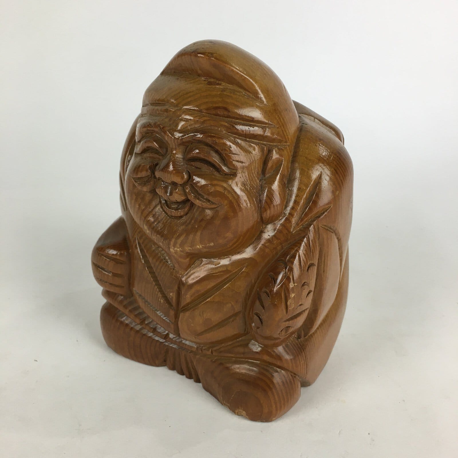 Japanese Wooden Ebisu Statue Vtg Wood Carving 7 Lucky Gods Brown BD818