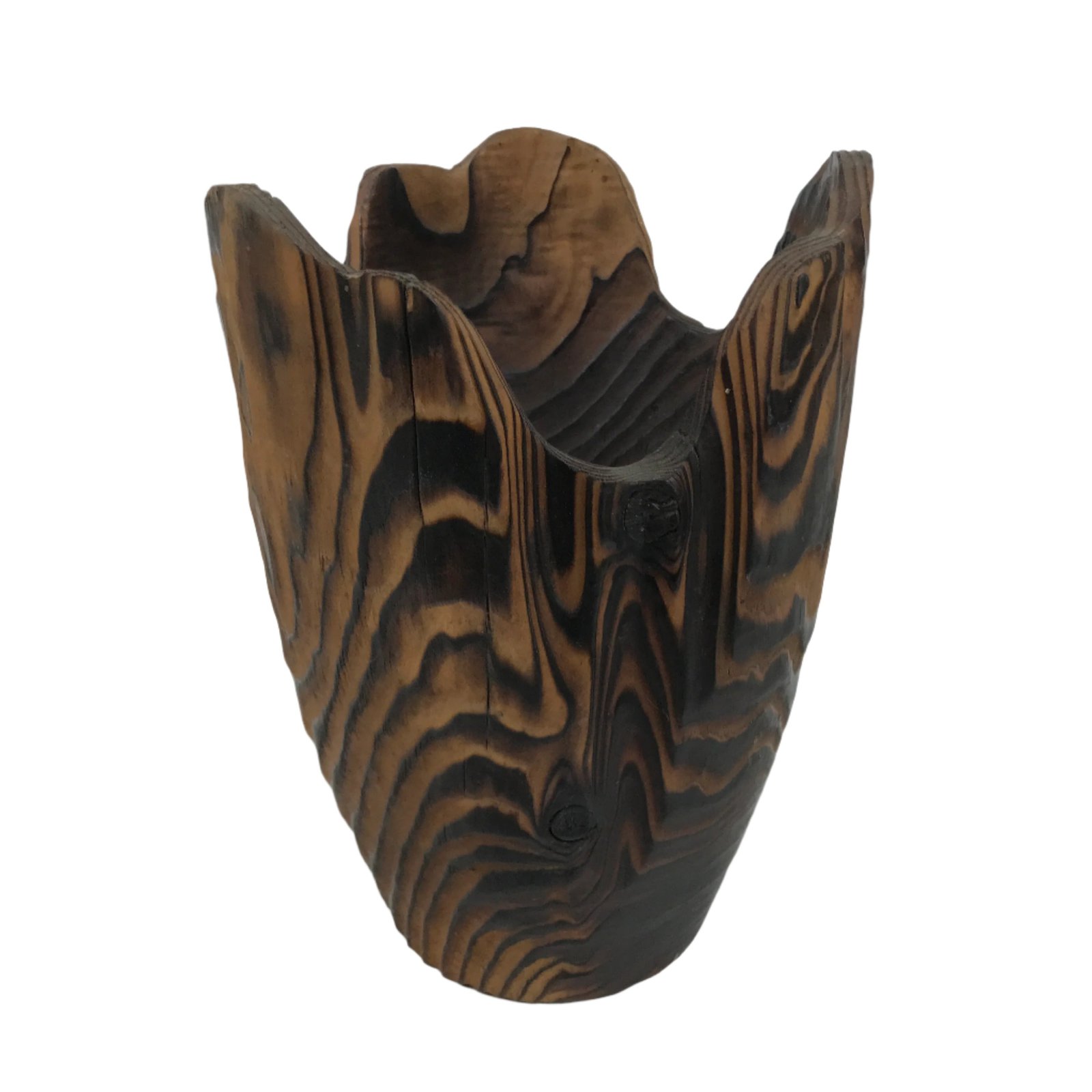 Japanese Wooden Flower Vase Kabin Vtg Ikebana Unique Shape Dark Brown FK172