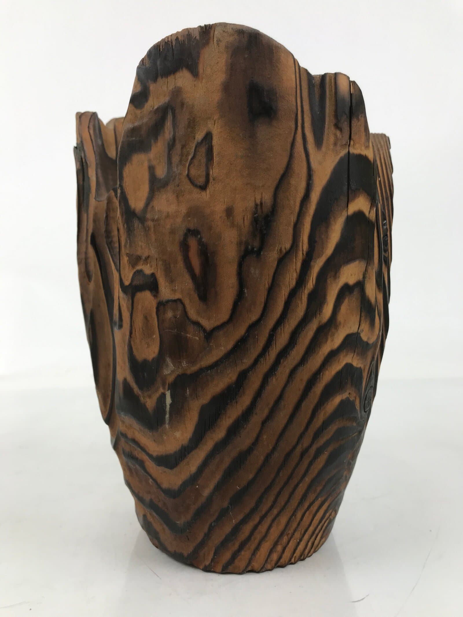 Japanese Wooden Flower Vase Kabin Vtg Ikebana Unique Shape Dark Brown FK172