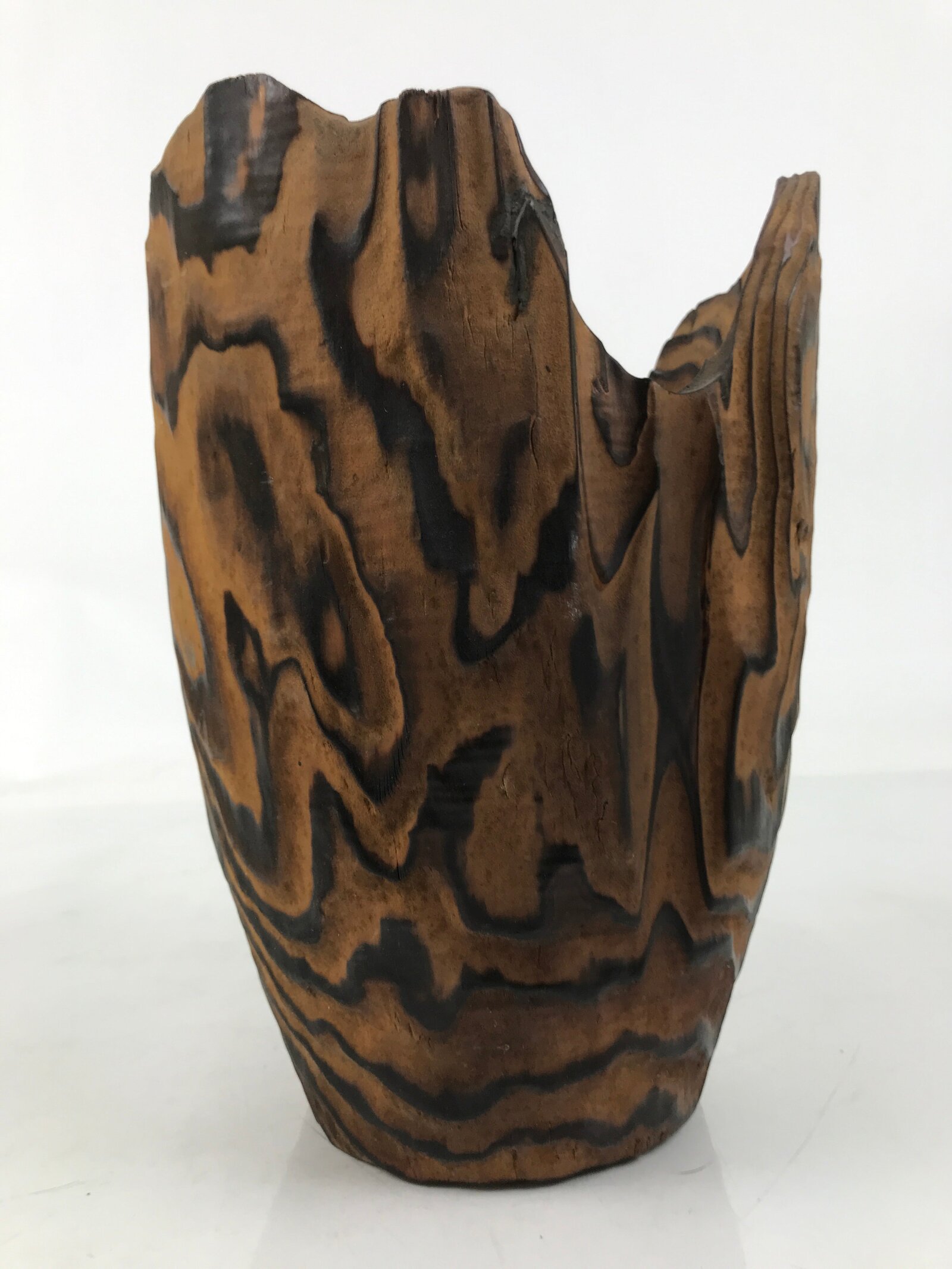 Japanese Wooden Flower Vase Kabin Vtg Ikebana Unique Shape Dark Brown FK172