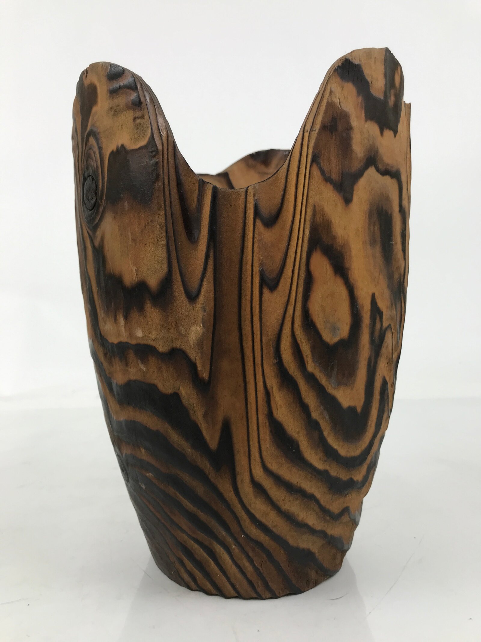 Japanese Wooden Flower Vase Kabin Vtg Ikebana Unique Shape Dark Brown FK172