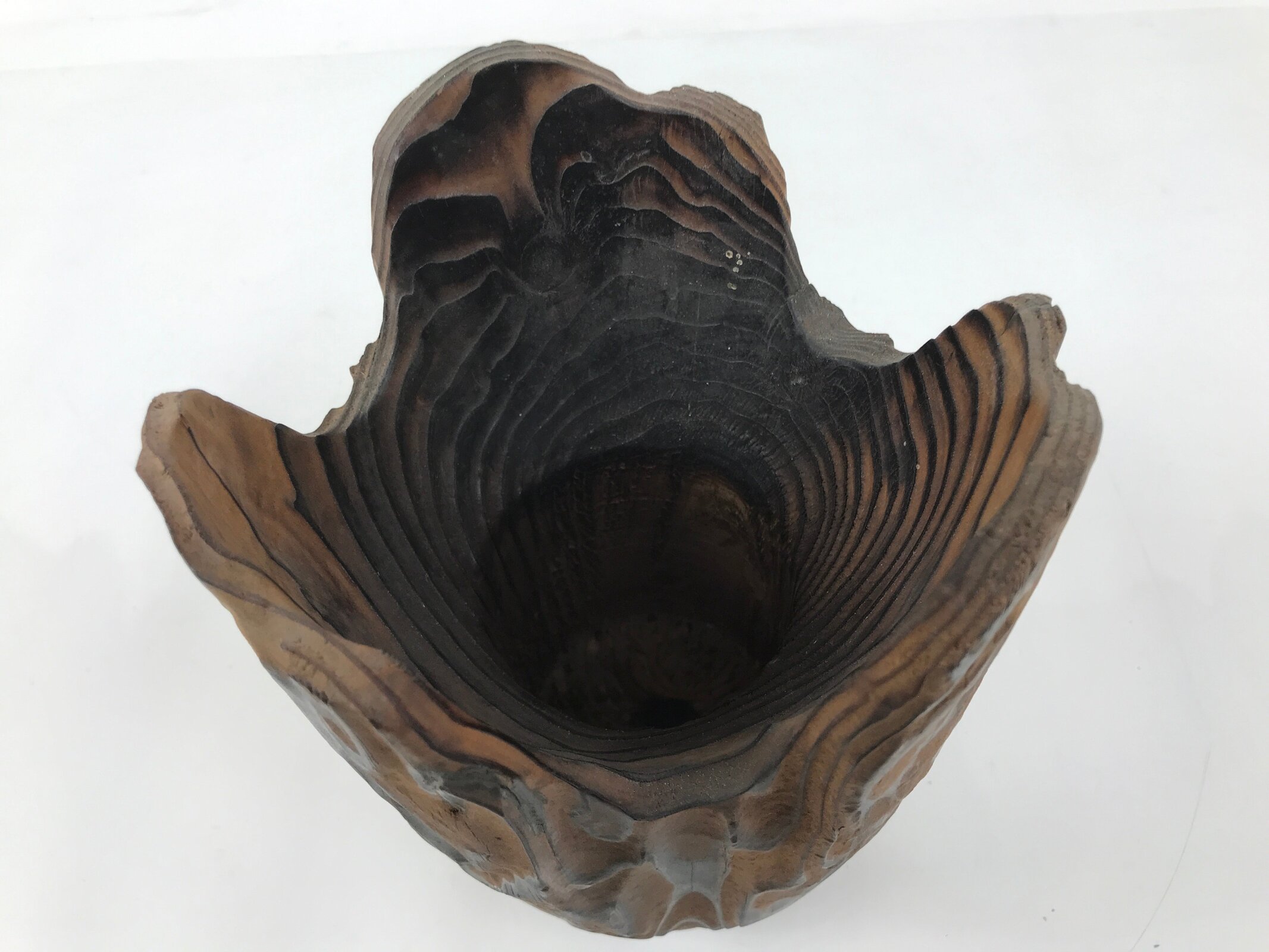 Japanese Wooden Flower Vase Kabin Vtg Ikebana Unique Shape Dark Brown FK172