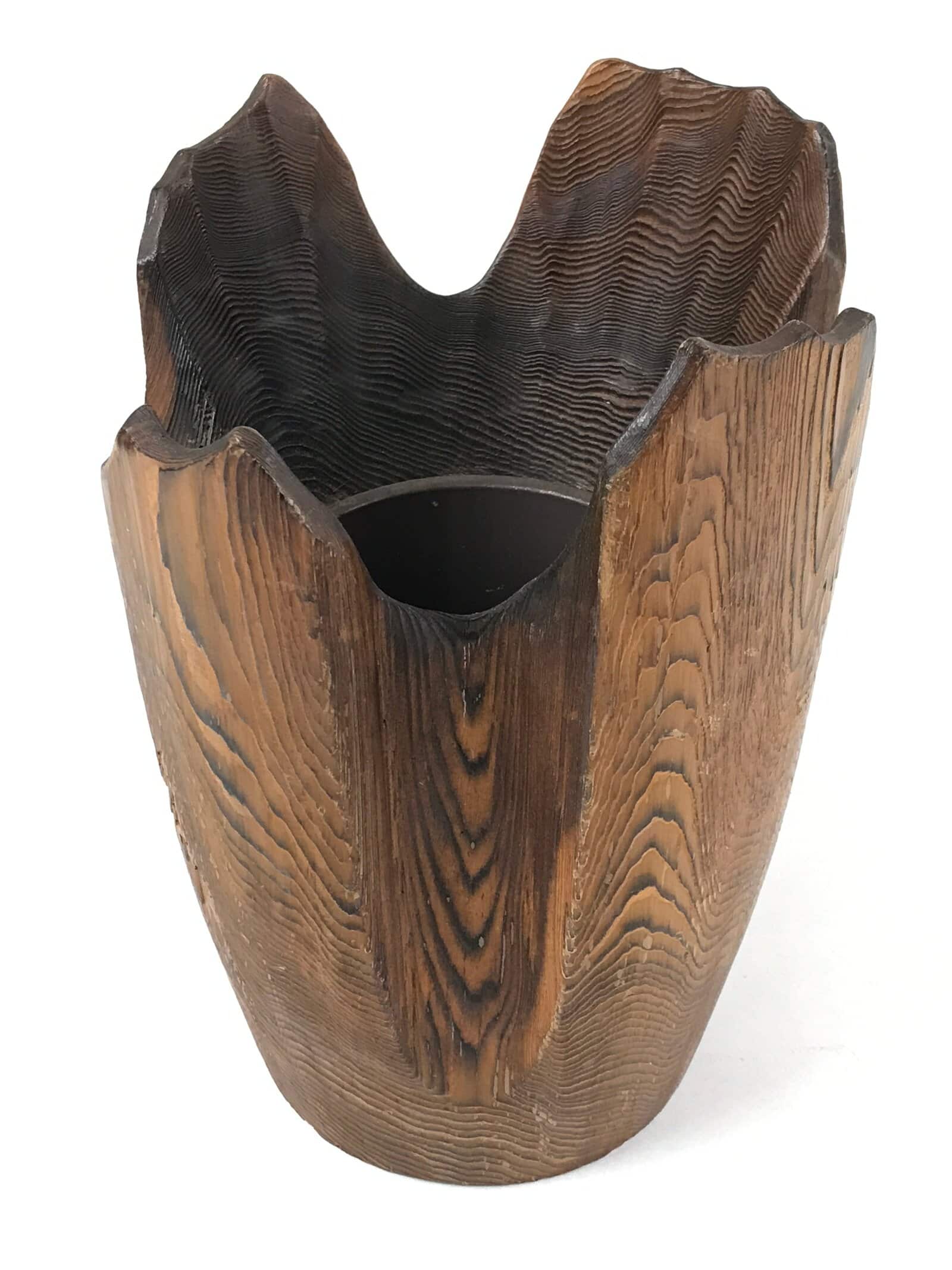 Japanese Wooden Flower Vase Kabin Vtg Ikebana Unique Shape Dark Brown FK88