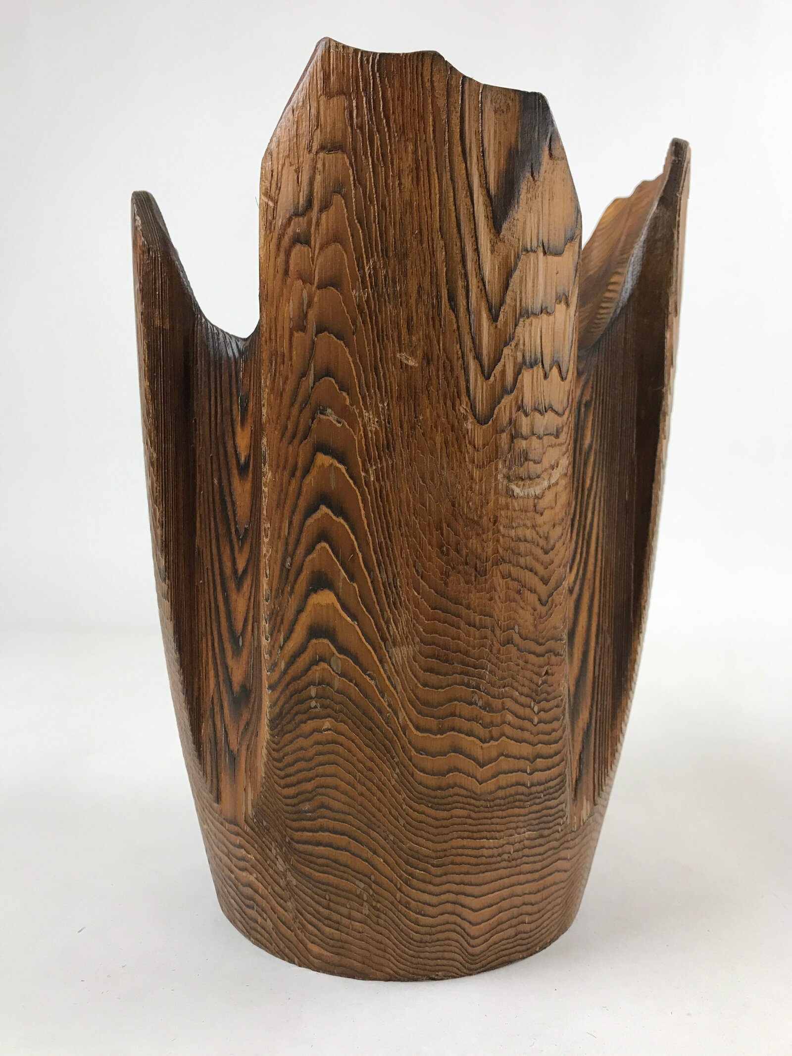 Japanese Wooden Flower Vase Kabin Vtg Ikebana Unique Shape Dark Brown FK88