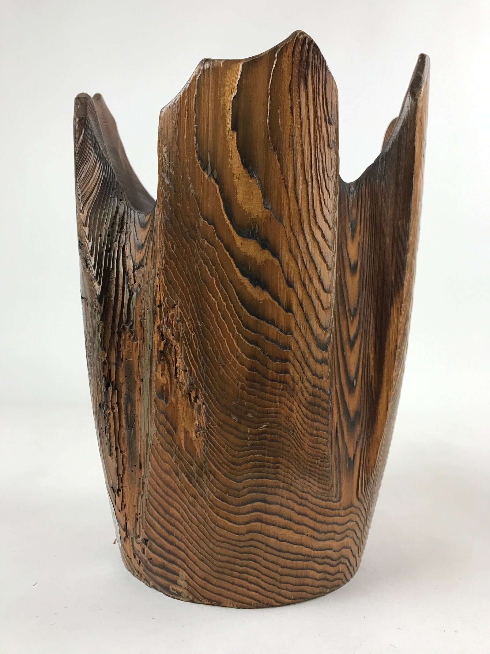 Japanese Wooden Flower Vase Kabin Vtg Ikebana Unique Shape Dark Brown FK88