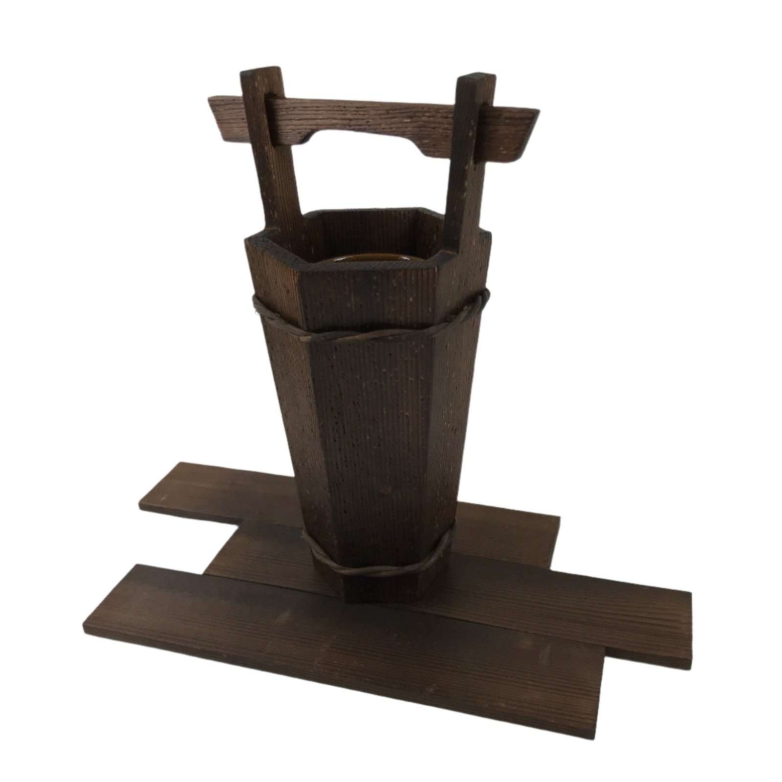 Japanese Wooden Flower Vase Vtg Porcelain Insert Kabin Ikebana Stand LWB108