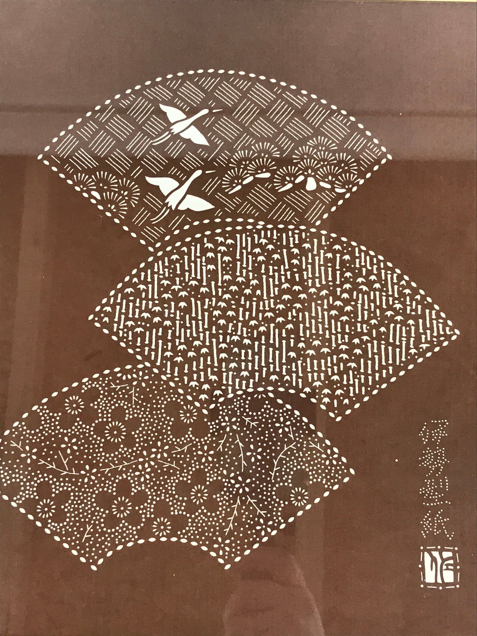 Japanese Wooden Framed Ise Katagami Vtg Kimono Stencil Shochikubai Fans FR7