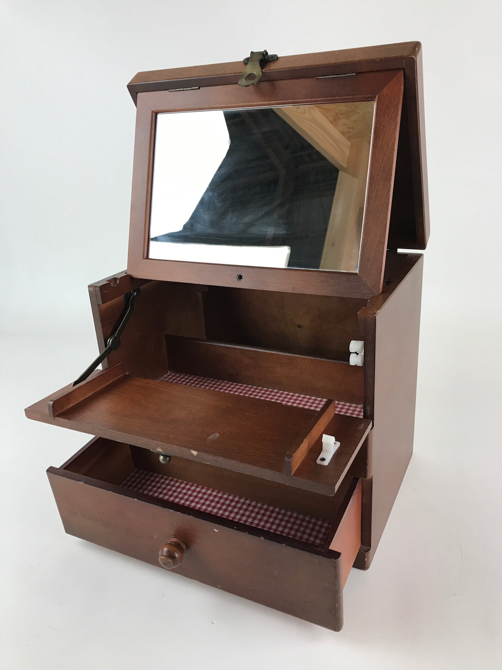 Japanese Wooden Keshobako Cosmetic Box Vtg Vanity Mirror One Drawer T322