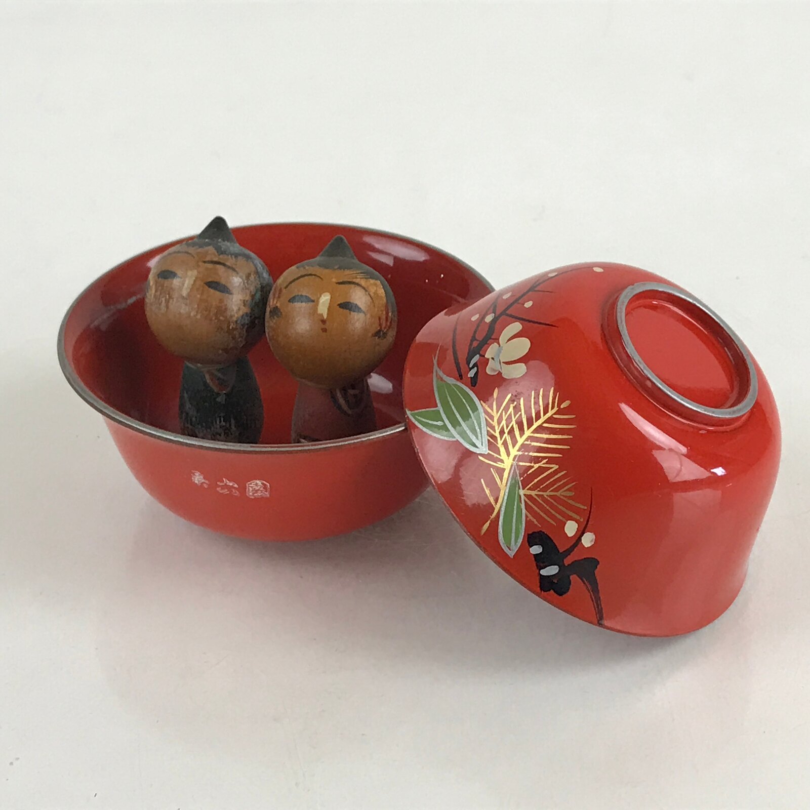 Japanese Wooden Kokeshi Doll Soup Bowl Figurine Traditional Craft Folk Art Toy K