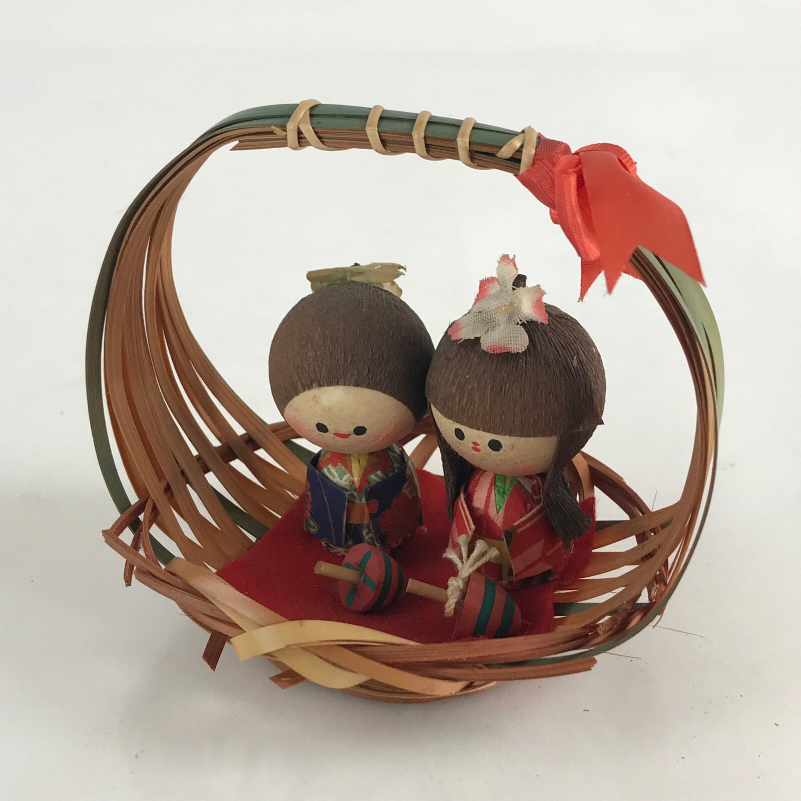 Japanese Wooden Kokeshi Doll Vtg Basket Figurine Traditional Craft Folk Art Toy