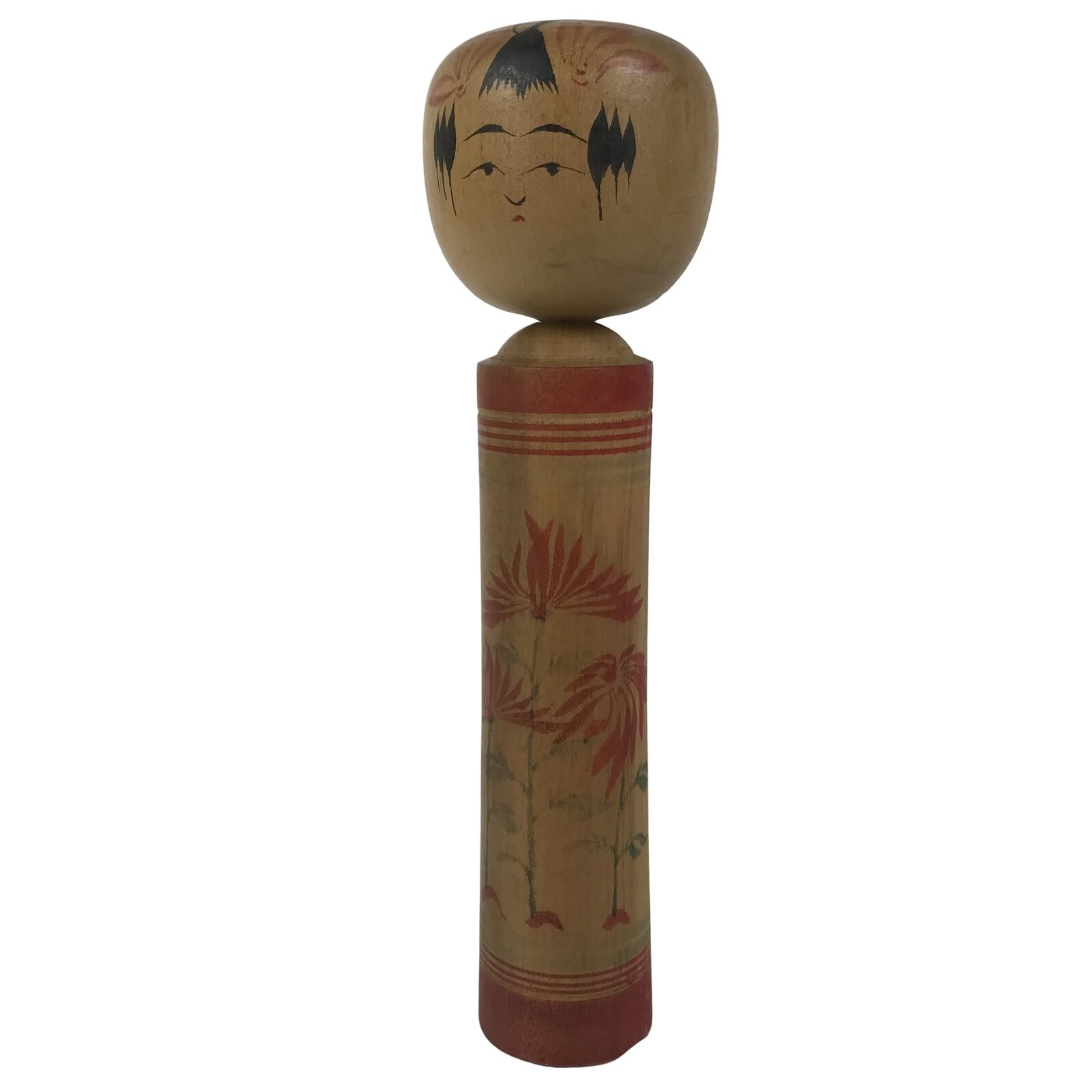 Japanese Wooden Kokeshi Doll Vtg Black Red Brown Traditional Craft Floral KF791