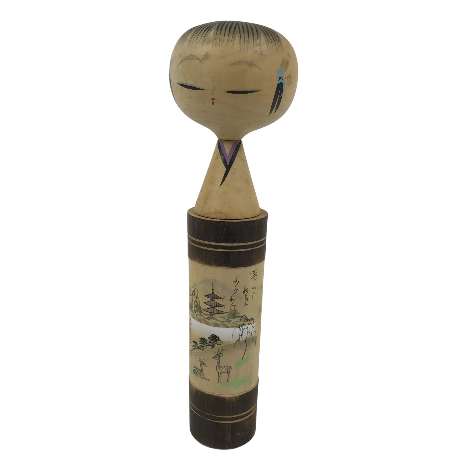 Japanese Wooden Kokeshi Doll Vtg Black Traditional Craft Poem Deer Autumn KF792