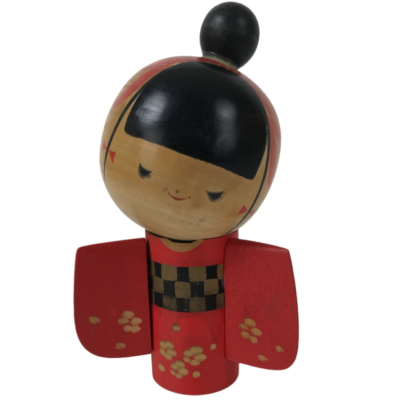 Japanese Wooden Kokeshi Doll Vtg Girl Red Floral Kimono Check Obi KF730