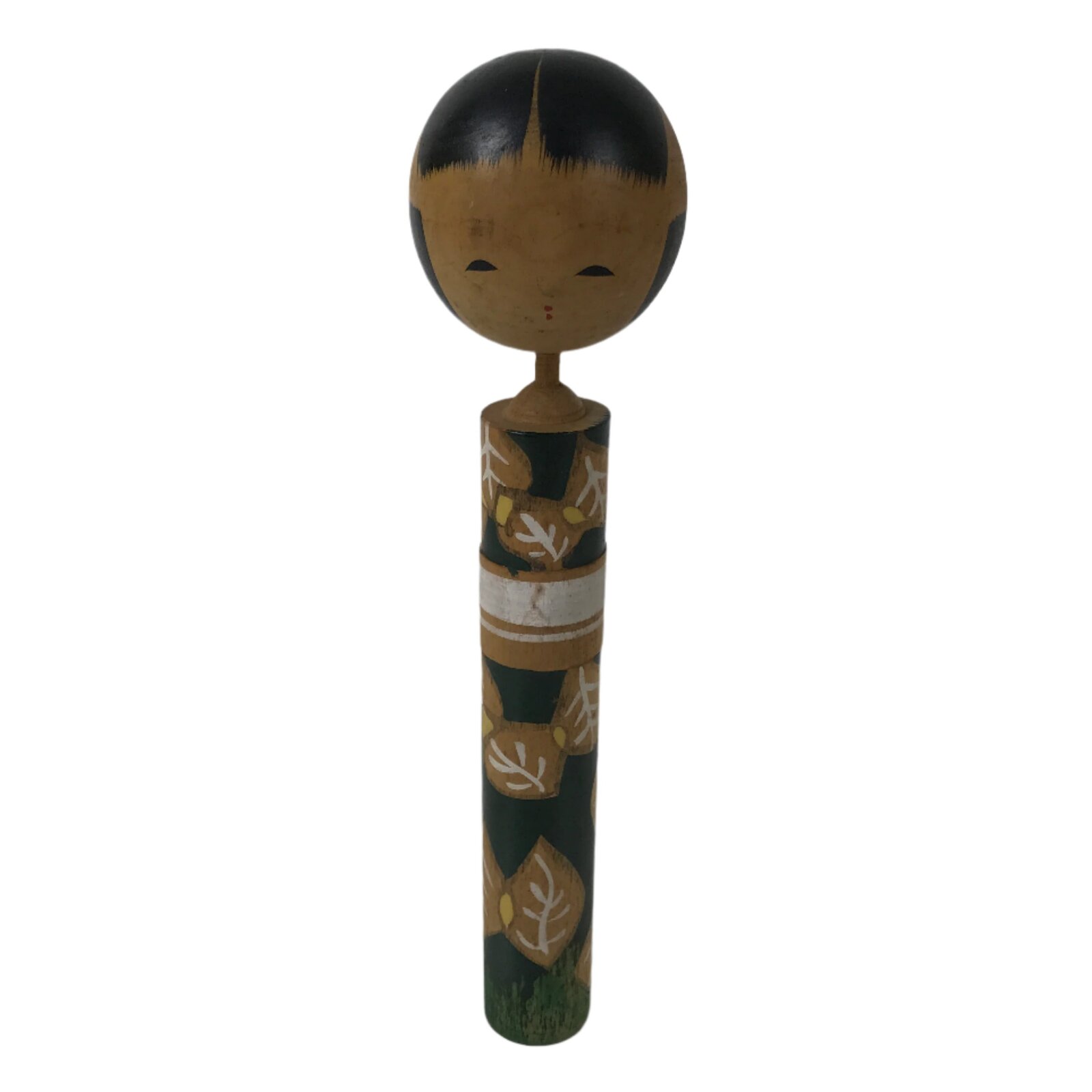 Japanese Wooden Kokeshi Doll Vtg Green White Leaves Pattern Kimono KF728