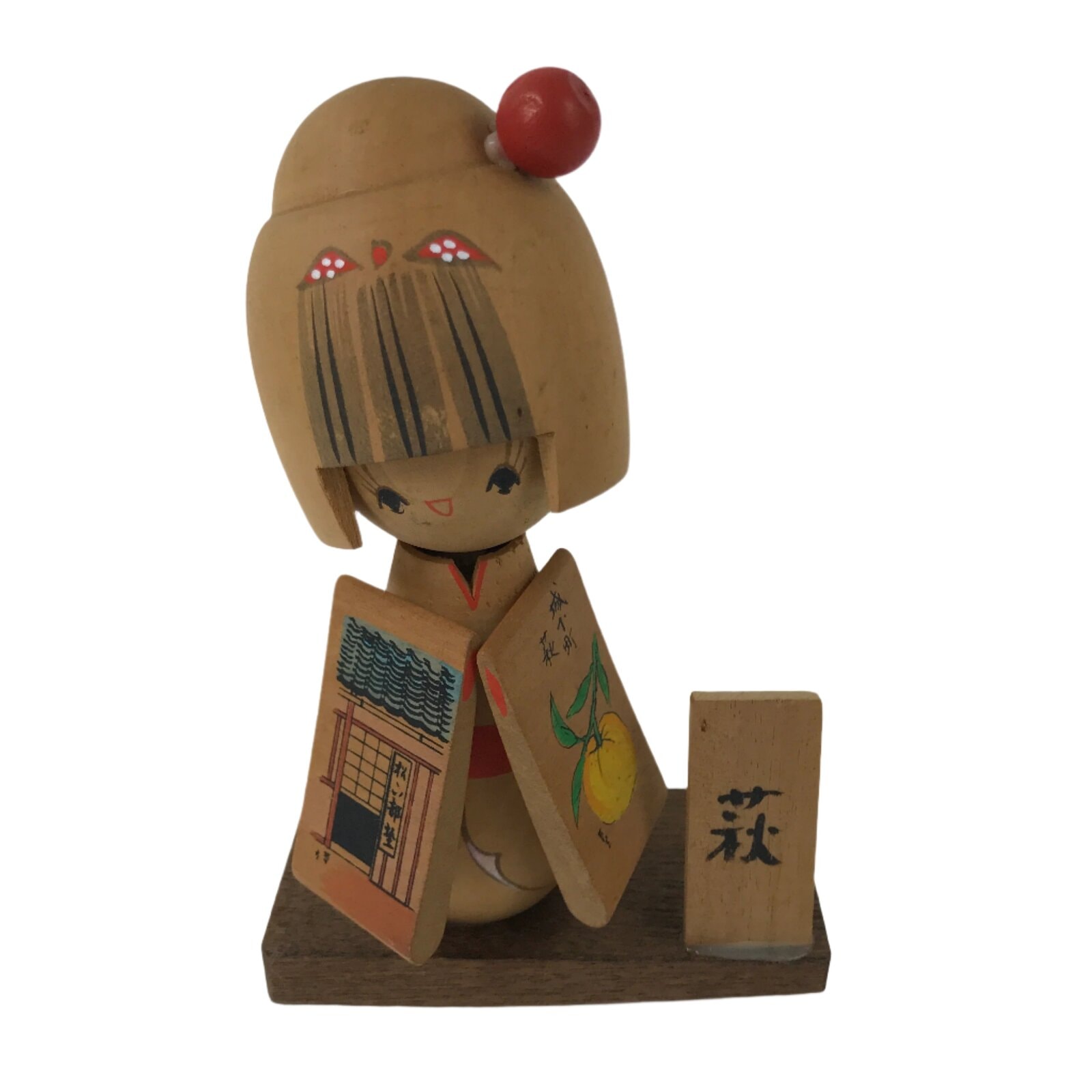 Japanese Wooden Kokeshi Doll Vtg Hagi Souvenir Smiling Orange KF732