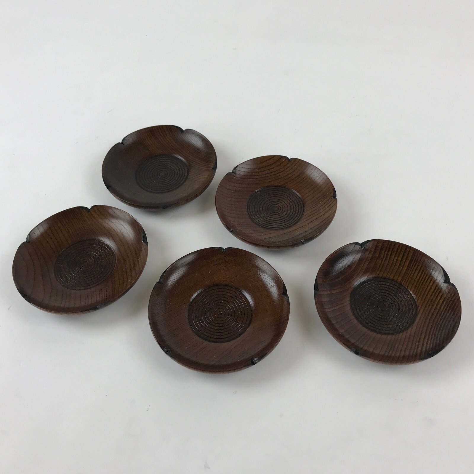 Japanese Wooden Lacquer Drink Saucer 5pc Set Vtg Chataku Coaster Flower UR941