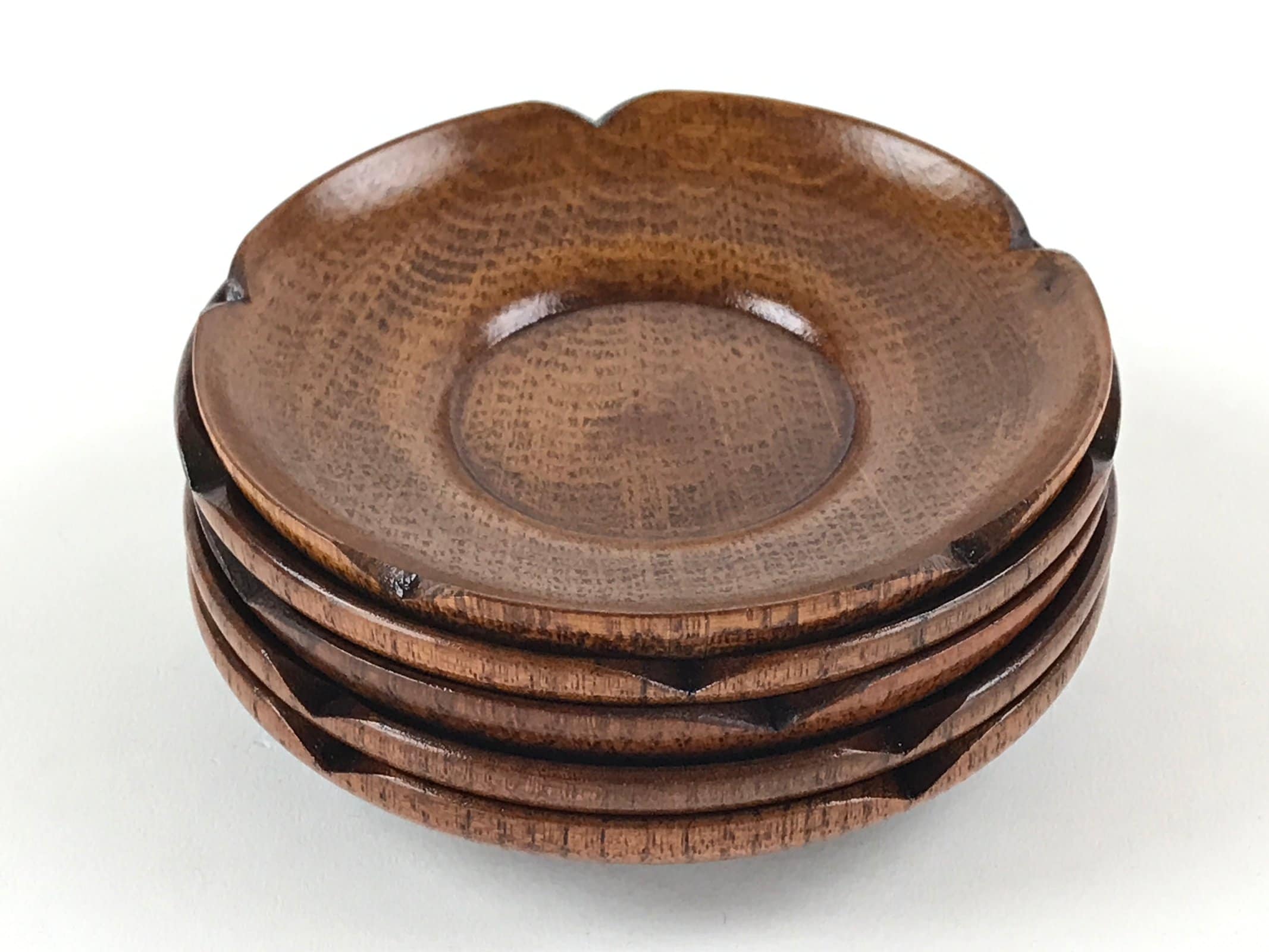 Japanese Wooden Lacquer Drink Saucer 5pc Set Vtg Chataku Coaster Flower UR942