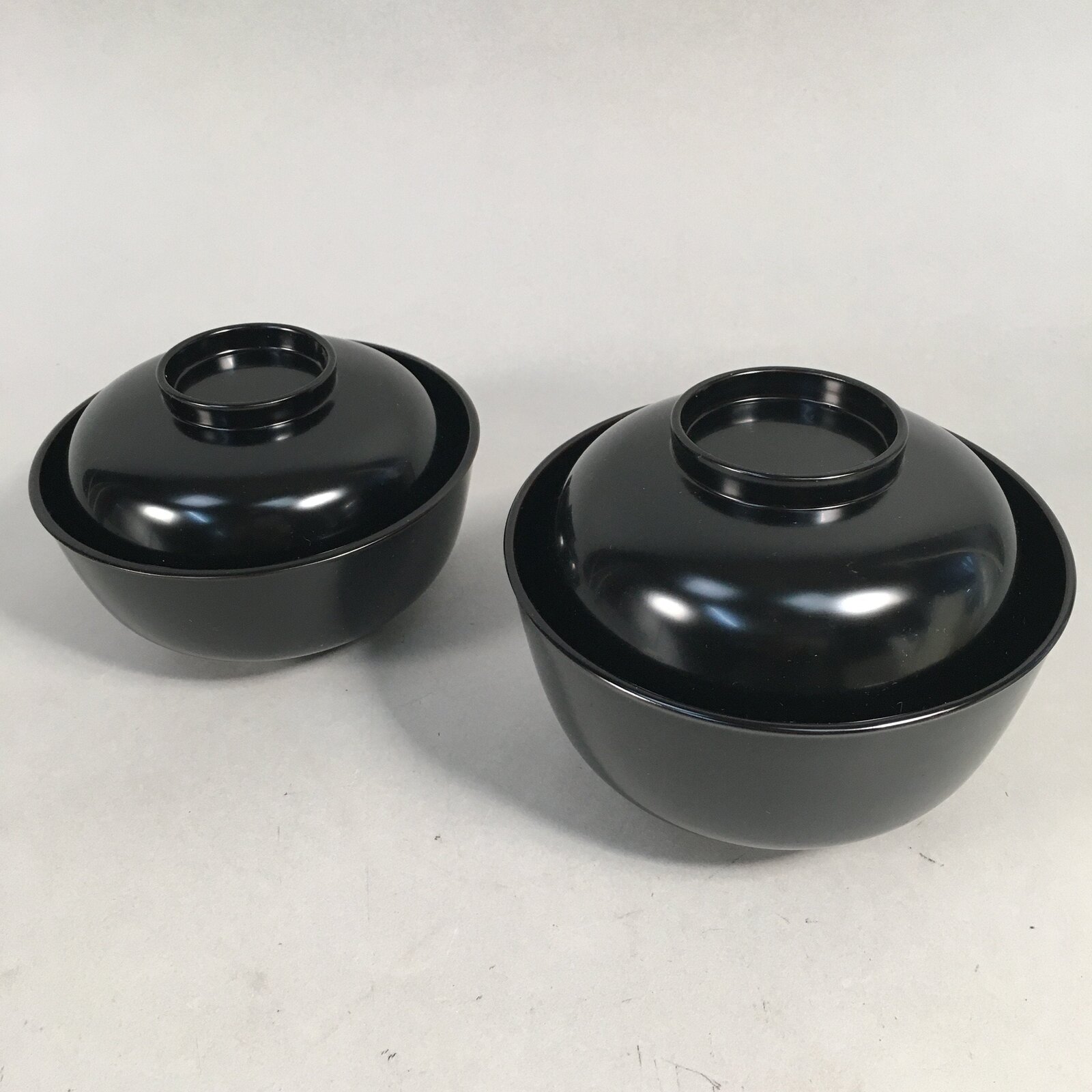 Japanese Wooden Lacquer Lidded Bowl Pair Set Vtg Black Owan Soup Rice PX513