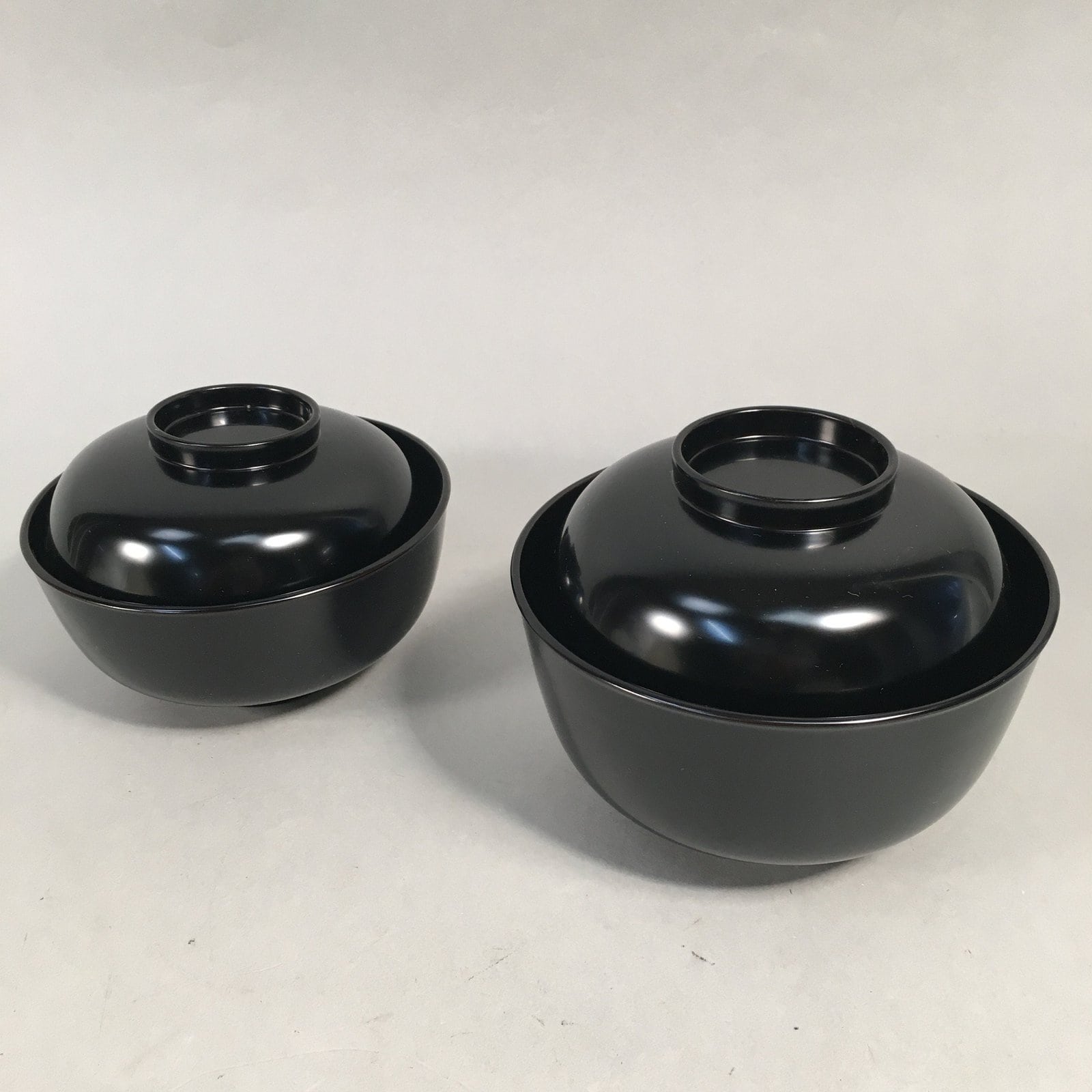 Japanese Wooden Lacquer Lidded Bowl Pair Set Vtg Black Owan Soup Rice PX514