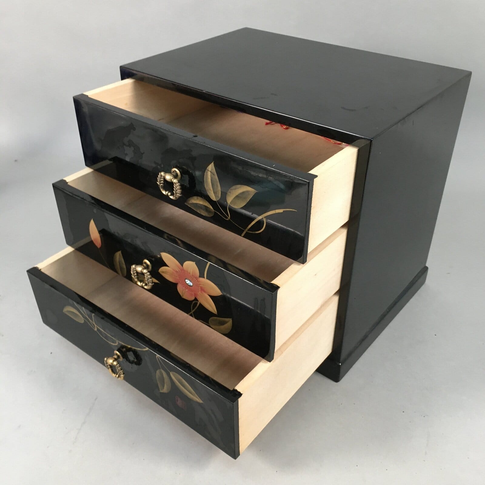 Japanese Wooden Lacquer Sewing Box Vtg Haribako Chest Tansu 3Drawers T236