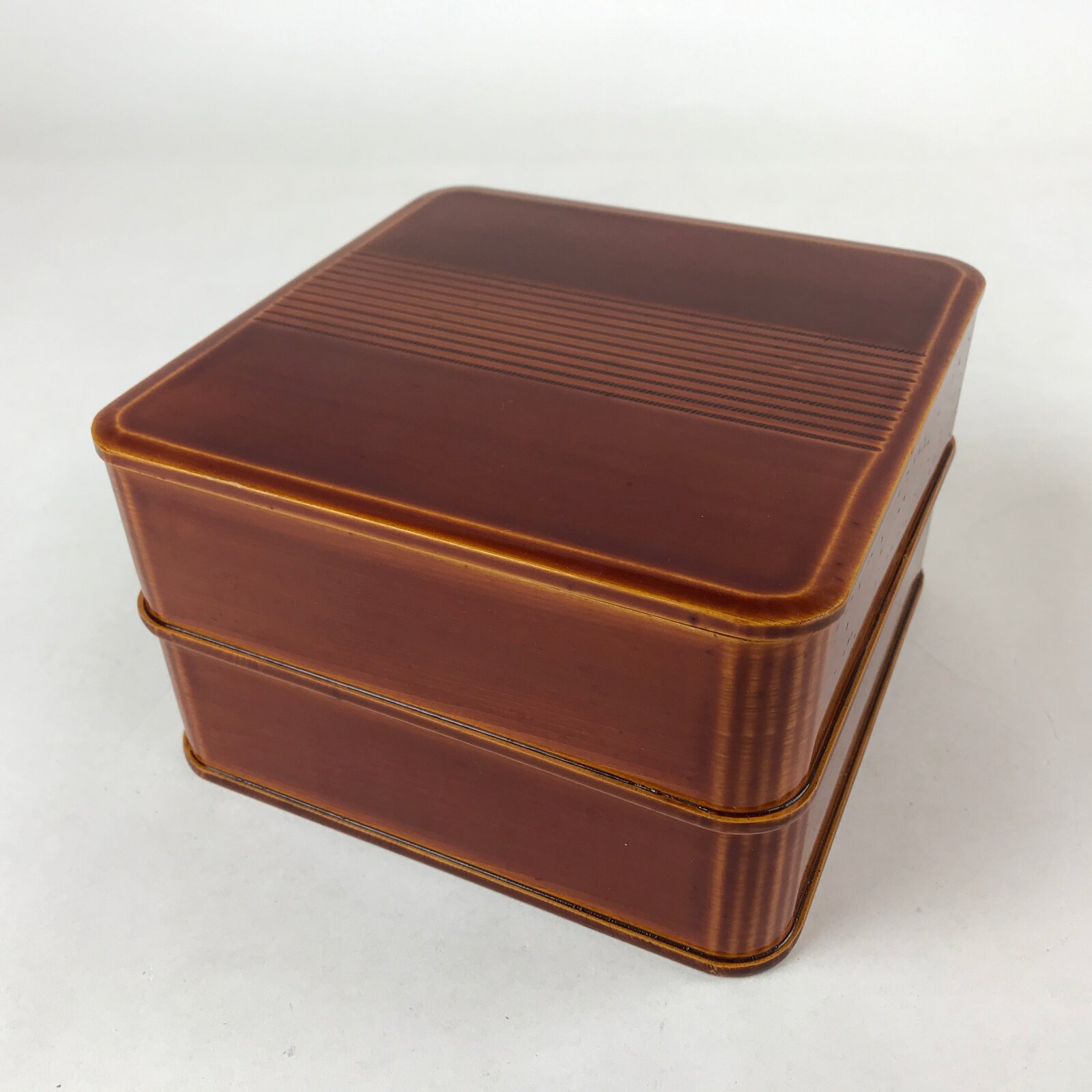 Japanese Wooden Lacquered Bento Box 2 Tier Vtg Hida Shunkei-Nuri Brown LWB81