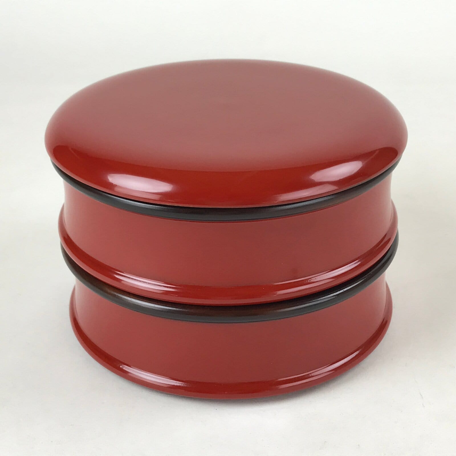 Japanese Wooden Lacquered Bento Box 2 Tier Vtg Kagawa Urushi Round Red LWB82