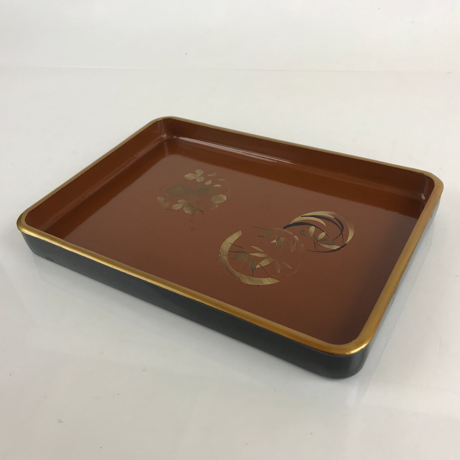 Japanese Wooden Lacquered Serving Tray Obon Vtg Floral Maki-e Brown Black UR847