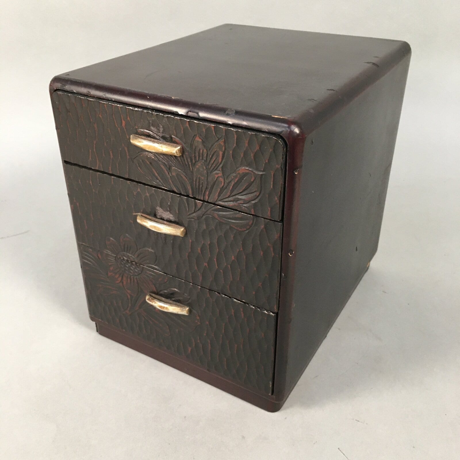 Japanese Wooden Lacquered Sewing Box Vtg Haribako Chest Tansu 3 Drawers T227