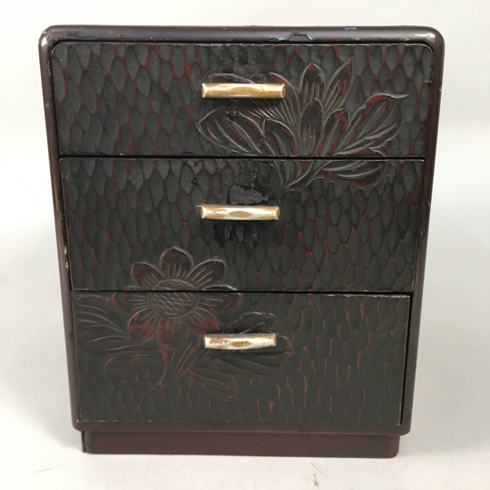 Japanese Wooden Lacquered Sewing Box Vtg Haribako Chest Tansu 3 Drawers T227