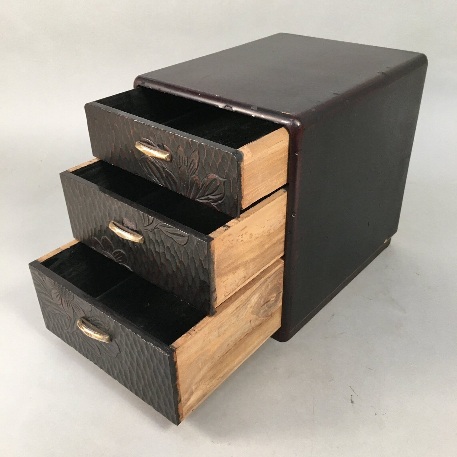 Japanese Wooden Lacquered Sewing Box Vtg Haribako Chest Tansu 3 Drawers T227