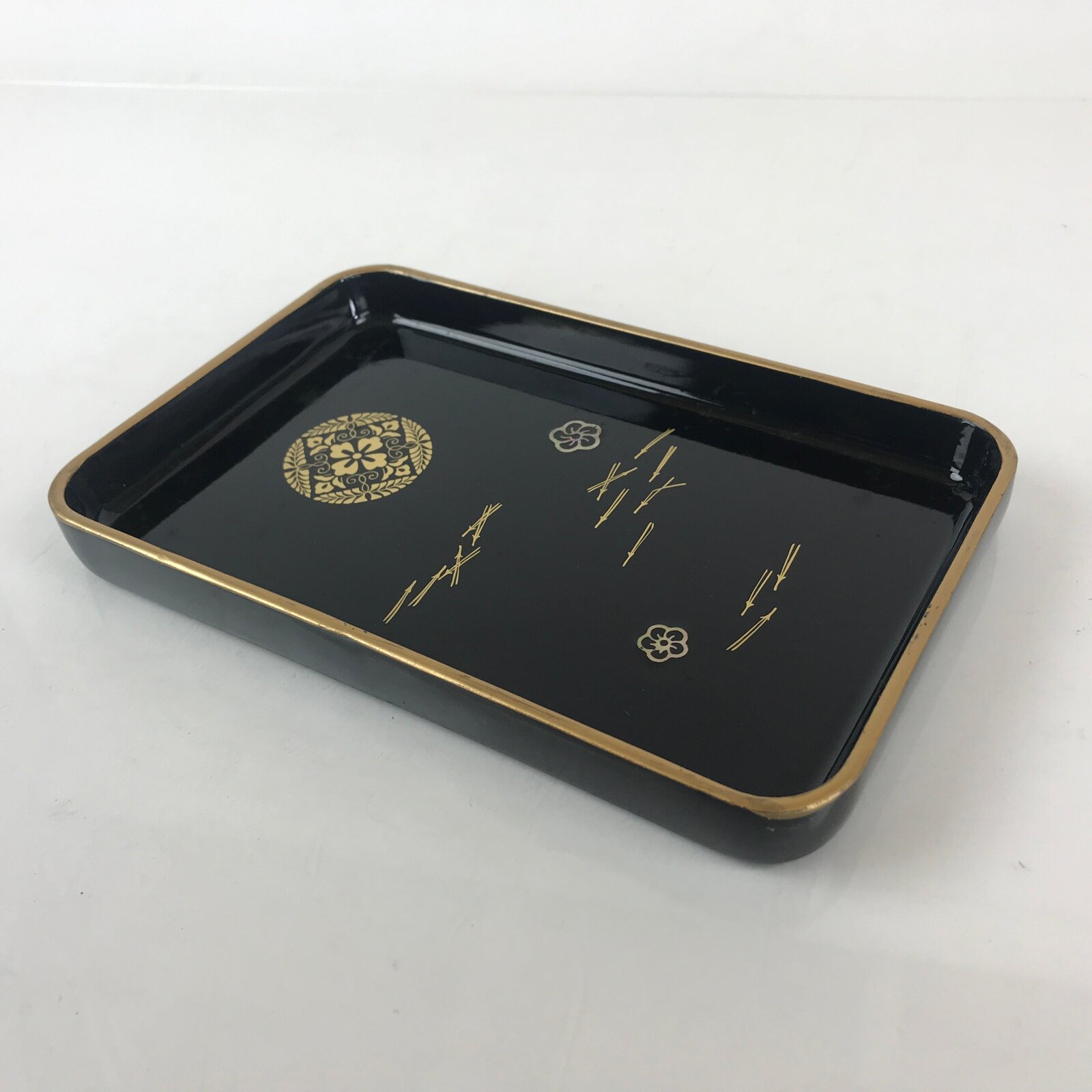 Japanese Wooden Lacquered Tray Obon Black Vtg Abalone Shell Raden Flower UR852