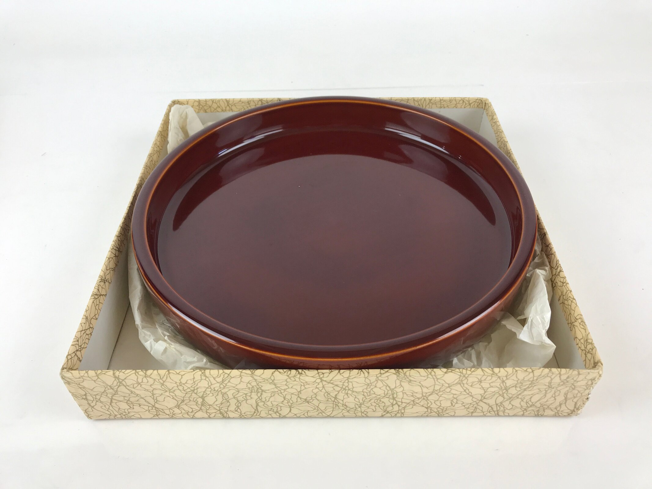 Japanese Wooden Lacquered Tray Obon Shunkei-Nuri Vtg Round Glossy Brown UR832