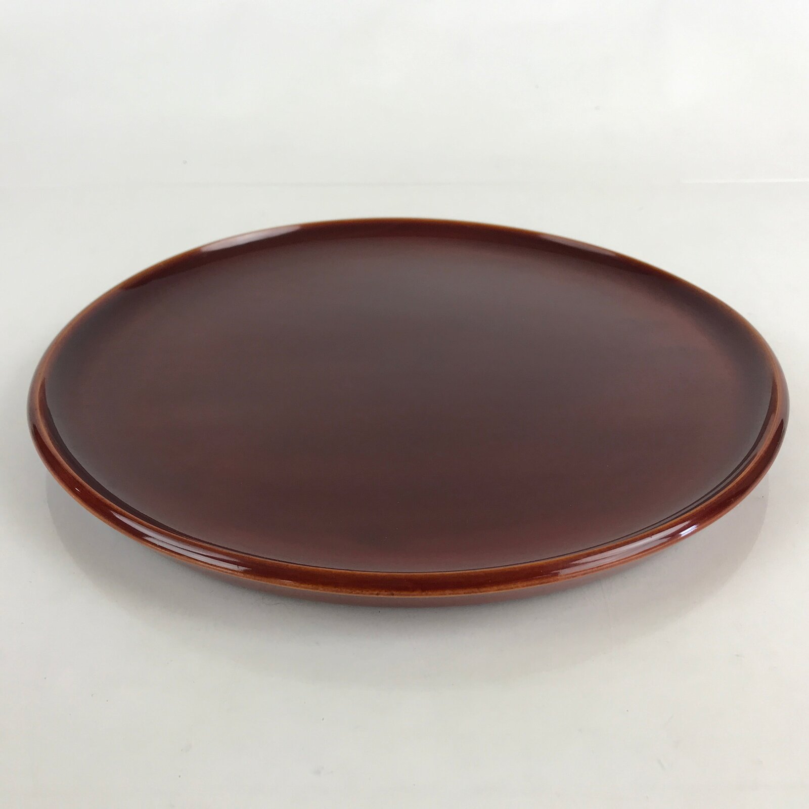 Japanese Wooden Lacquered Tray Obon Shunkei-Nuri Vtg Round Glossy Brown UR843