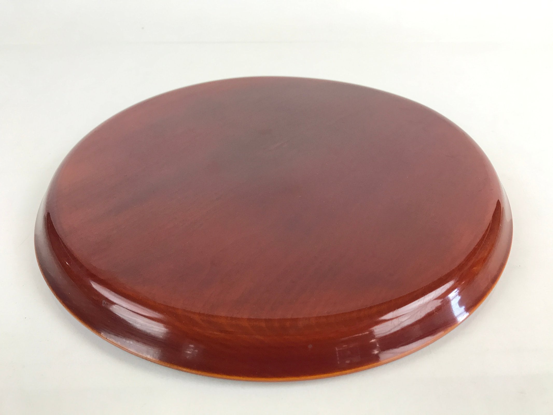 Japanese Wooden Lacquered Tray Obon Shunkei-Nuri Vtg Round Glossy Brown UR843