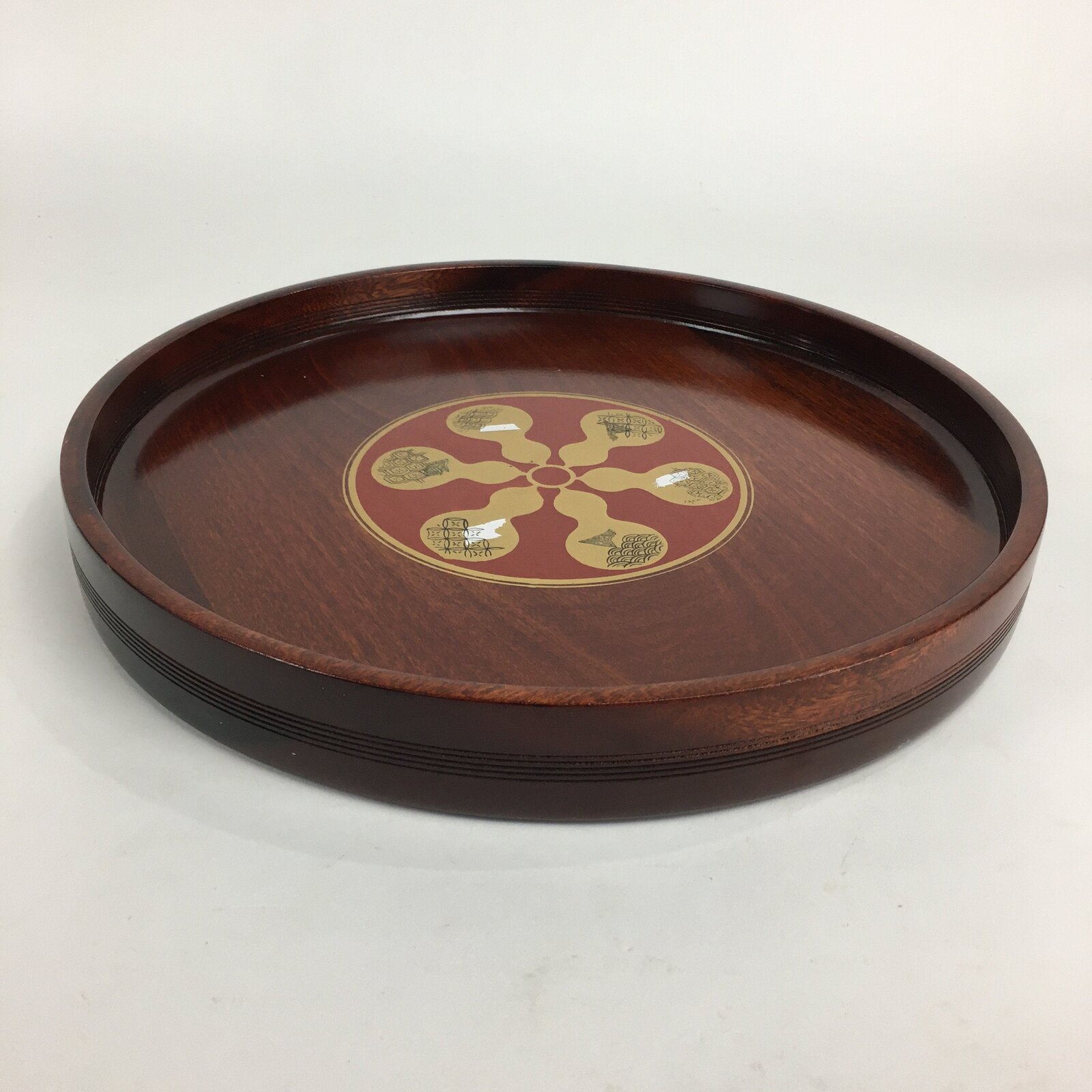 Japanese Wooden Lacquered Tray Obon Vtg Nurimono Brown Round Shape UR532