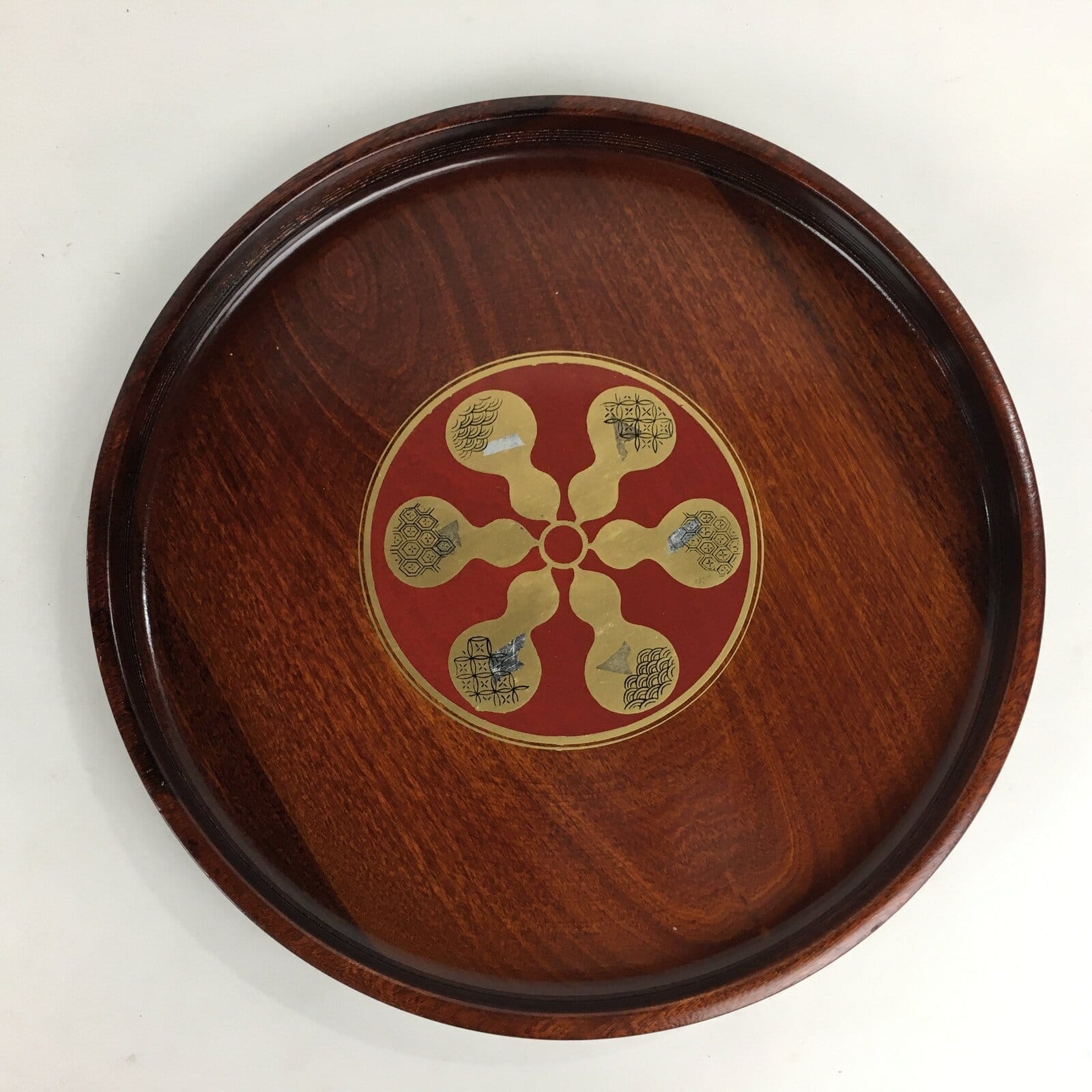 Japanese Wooden Lacquered Tray Obon Vtg Nurimono Brown Round Shape UR532