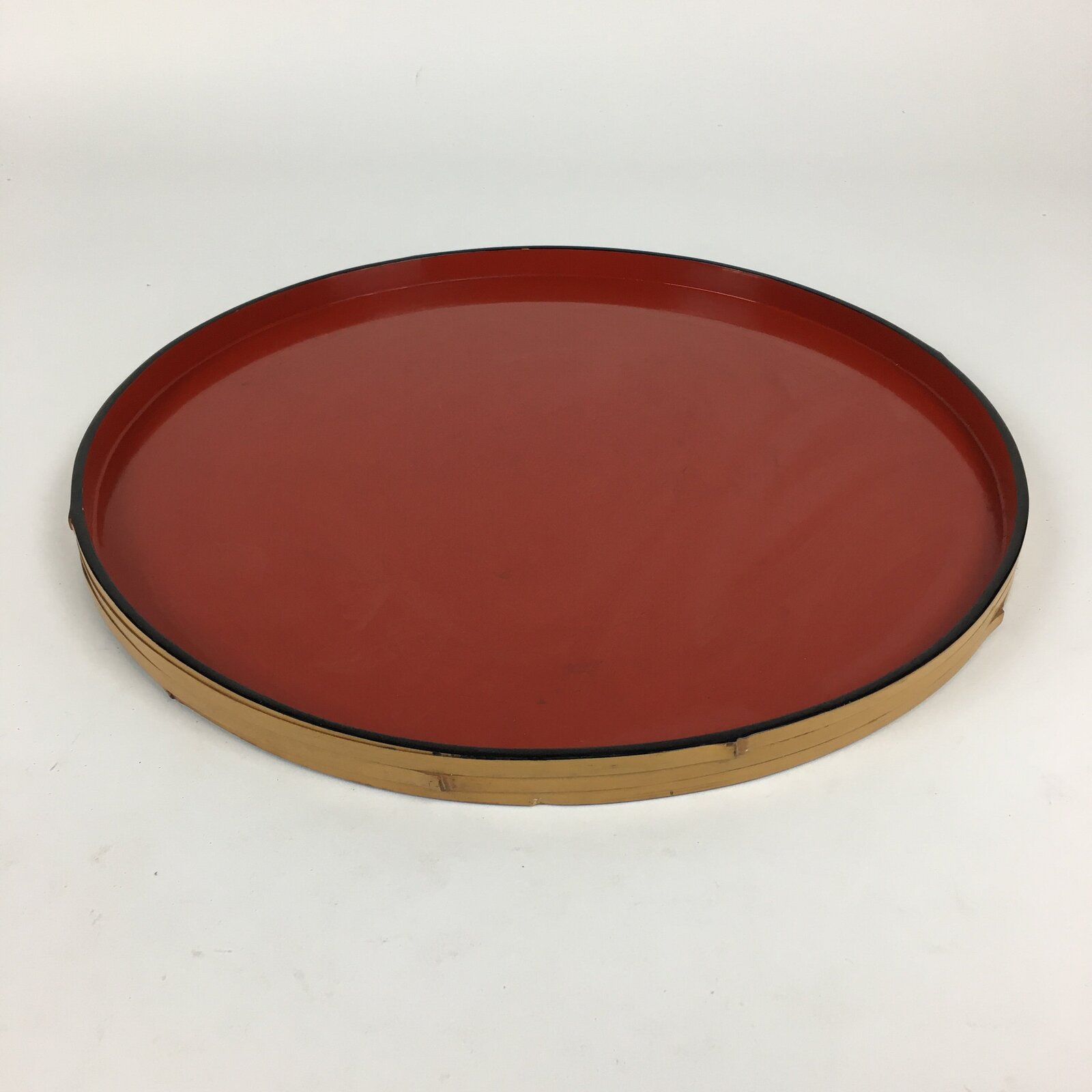 Japanese Wooden Lacquered Tray Obon Vtg Round Bamboo Work UR633
