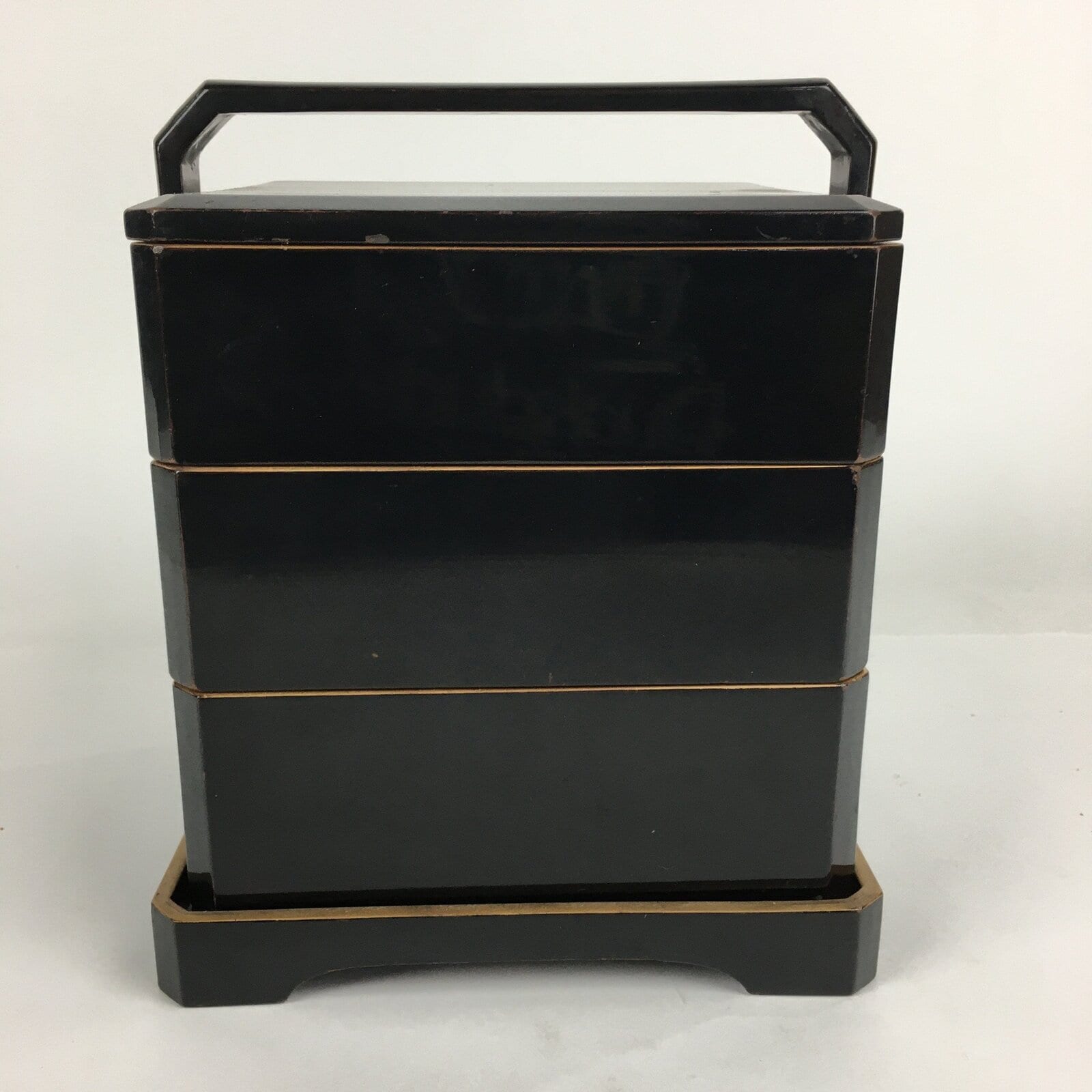 Japanese Wooden Lacquer ware Bento Box Vtg Jubako 3 Tier Black Gold JB71