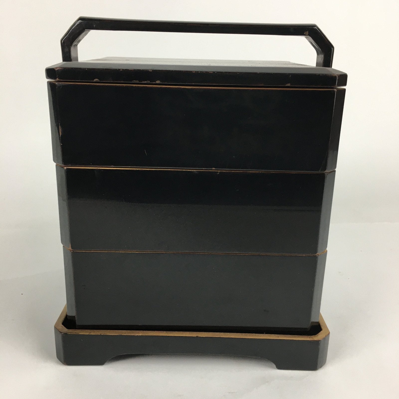 Japanese Wooden Lacquer ware Bento Box Vtg Jubako 3 Tier Black Gold JB71