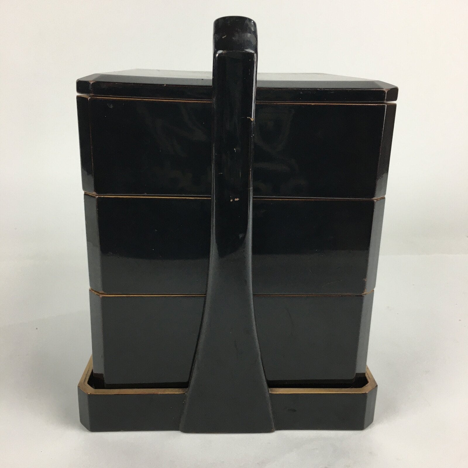 Japanese Wooden Lacquer ware Bento Box Vtg Jubako 3 Tier Black Gold JB71