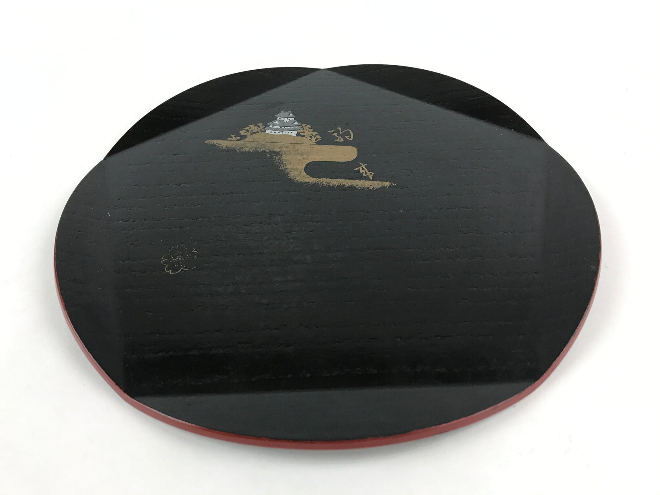 Japanese Wooden Lacquerware Round Serving Tray Vtg Obon Castle Black L17