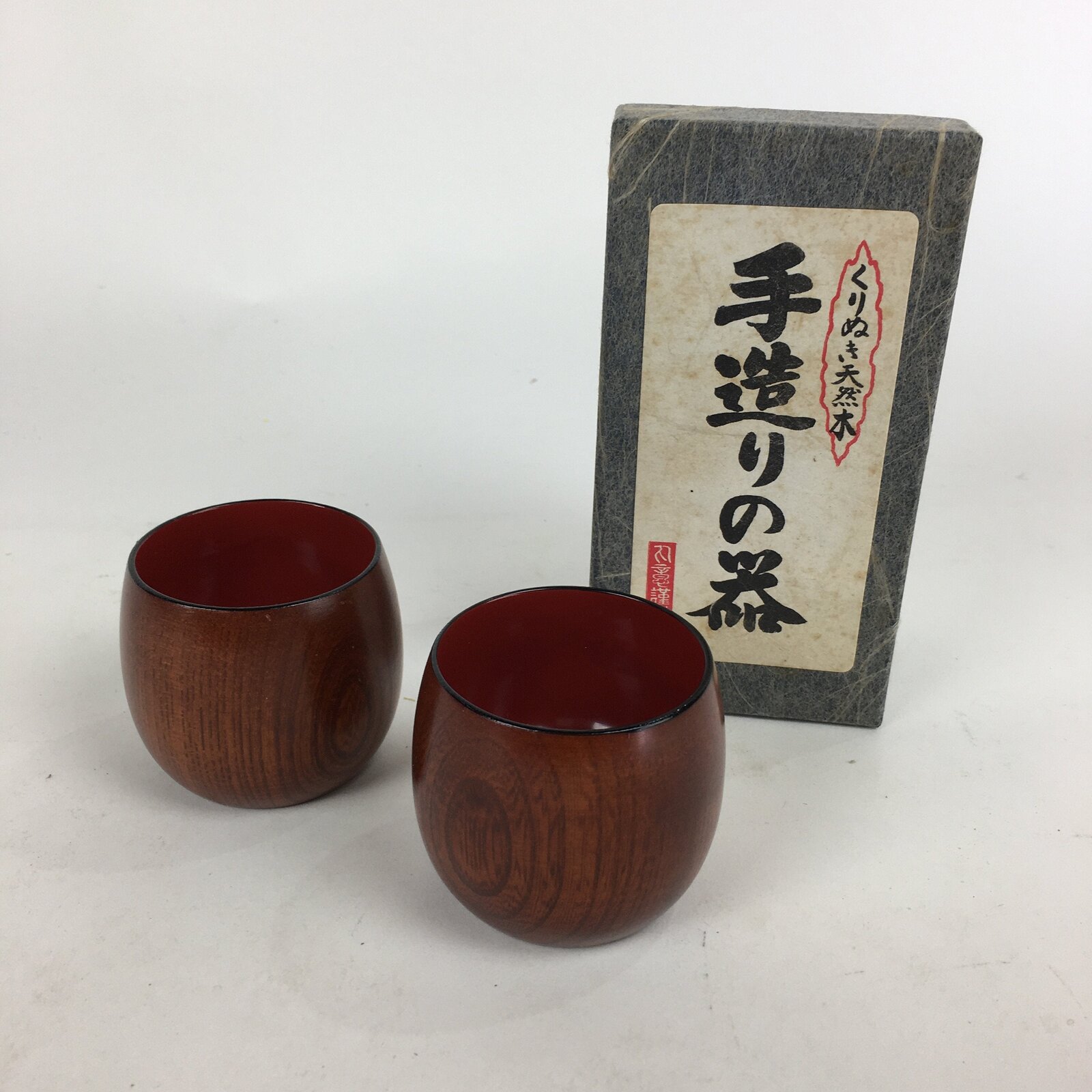 Japanese Wooden Lacquerware Sake Cup 2pc Set Vtg Hollowed Natural Wood UR611