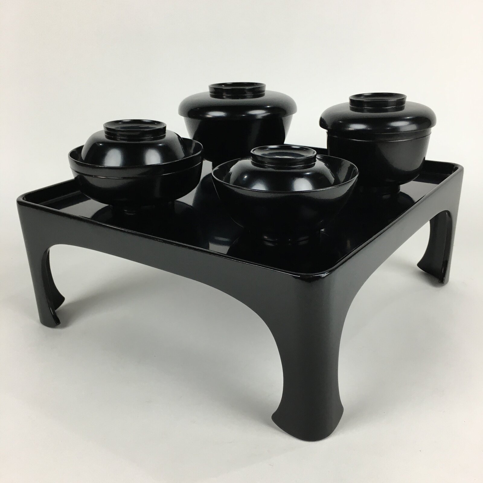 Japanese Wooden Legged Tray Lacquered Table Lidded Bowls Set Vtg Ozen UR719