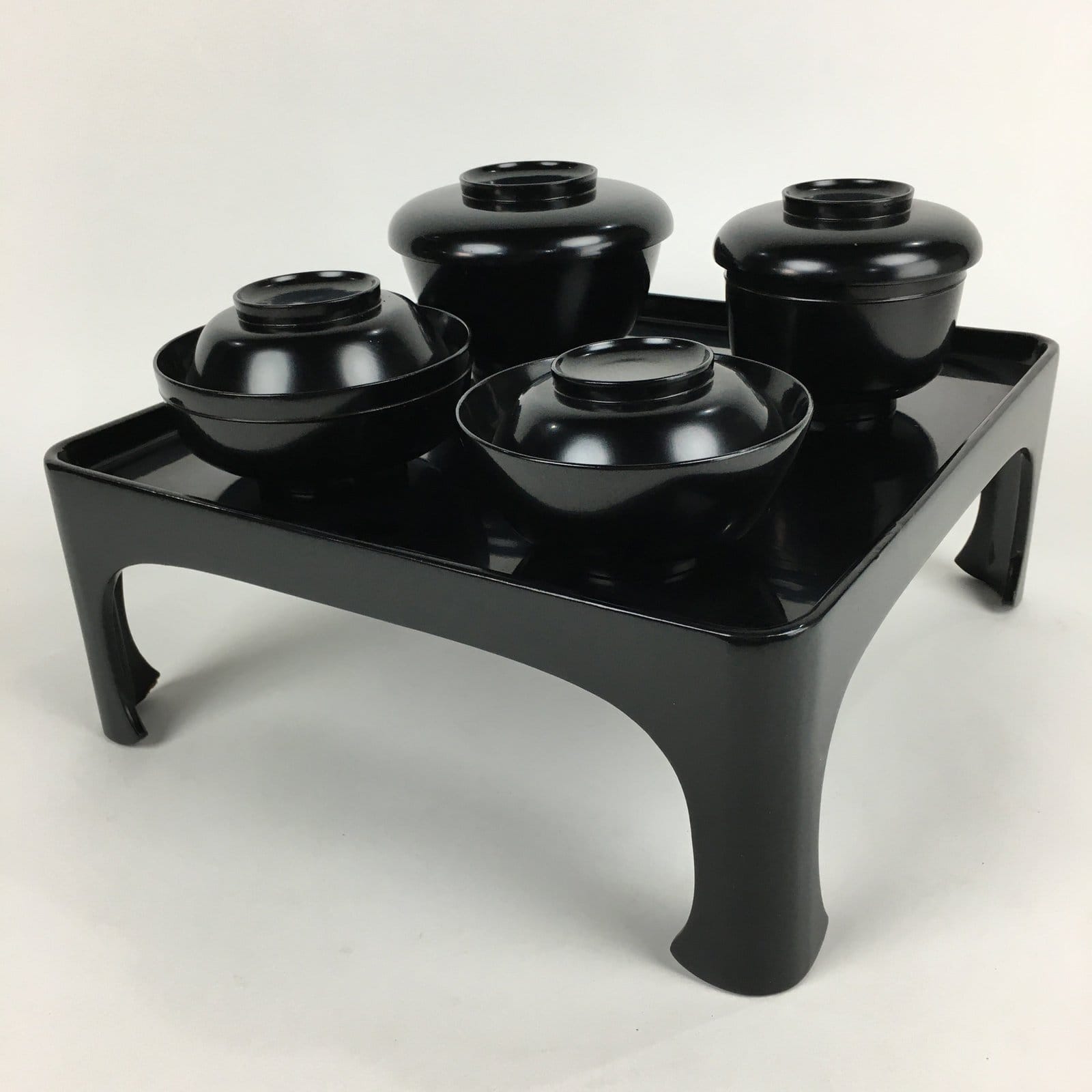 Japanese Wooden Legged Tray Lacquered Table Lidded Bowls Set Vtg Ozen UR724